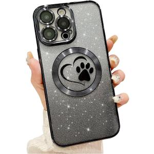 for iPhone 14 Pro Case Glitter Clear Paw Love Heart Compatible with MagSafe, Strong Magnetic Full Camera Lens Protection Soft Slim Thin Cute Bling Phone Case - Black