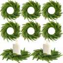 Dingion 6 Pcs Christmas Norfolk Pine Candle Ring Wreaths 6 Inch Small Christmas Wreath Garland Artificial Green Pine Ornaments Xmas Table Centerpiece for Wedding Farmhouse Home Cabinets Window Decor