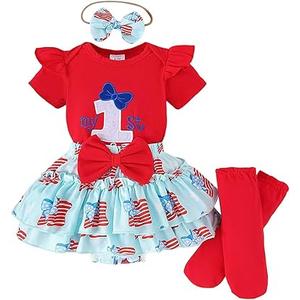 Baby Girls 4th Of July Outfit Short Sleeve Embroidery Letters Romper With Stars Shorts Tulle Dress Cute Summer Outfit 6-9M