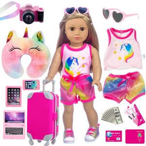 XFEYUE 23 Pcs American 18 inch Doll Clothes and Accessories - Suitcase Luggage , Pillow, Sunglasses, Camera, Passport, Mobile Phone , Computer Doll Travel Gear Play Set (No Dolls)
