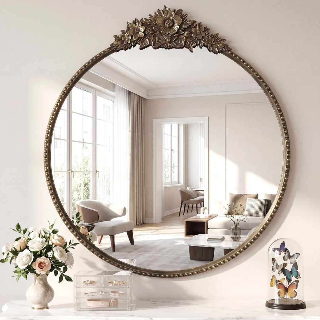 PlushVibes Vintage Round Mirror, 24"x26" Baroque Circle Mirrors, Black