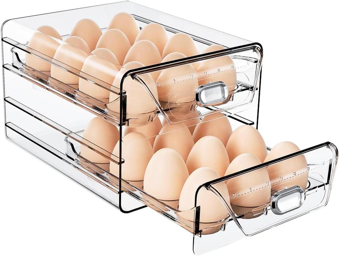 HIYOHIYO Clear 24 Egg Holder for Fridge, Large Egg Organizer for Refrigerator, Stackable Egg Storage Trays for Countertop, Eggs Drawer Dispenser with Time Scale (2 Layer, 7.9"x 6.3"x 5.5")