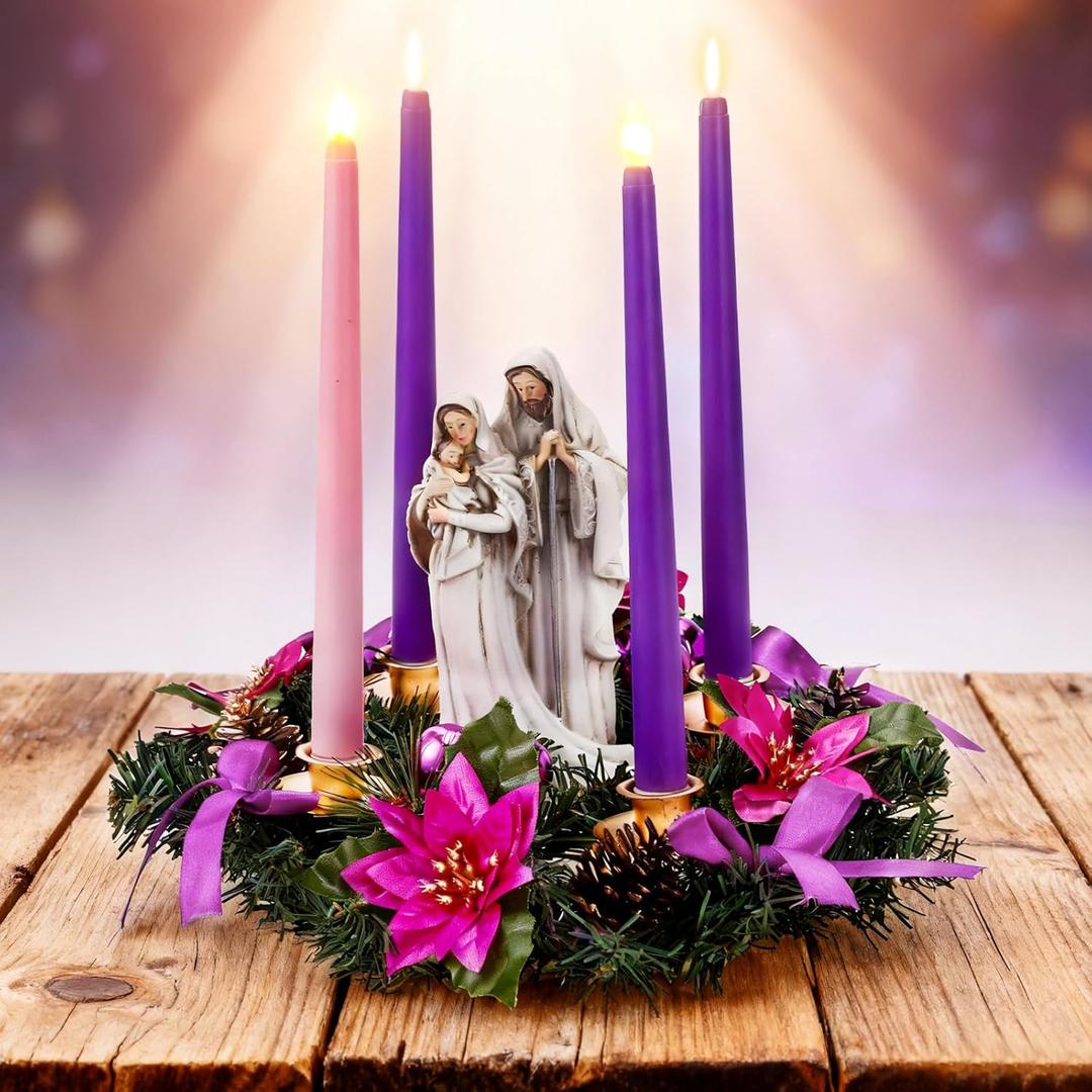 6 Pcs Christmas Advent Wreath Candle Holder with 4 Pcs Flameless Candle Christ Holy Family Statue Candlestick Wreaths Holder Centerpiece for Christmas Home Church Table Decor(Purple,Long)