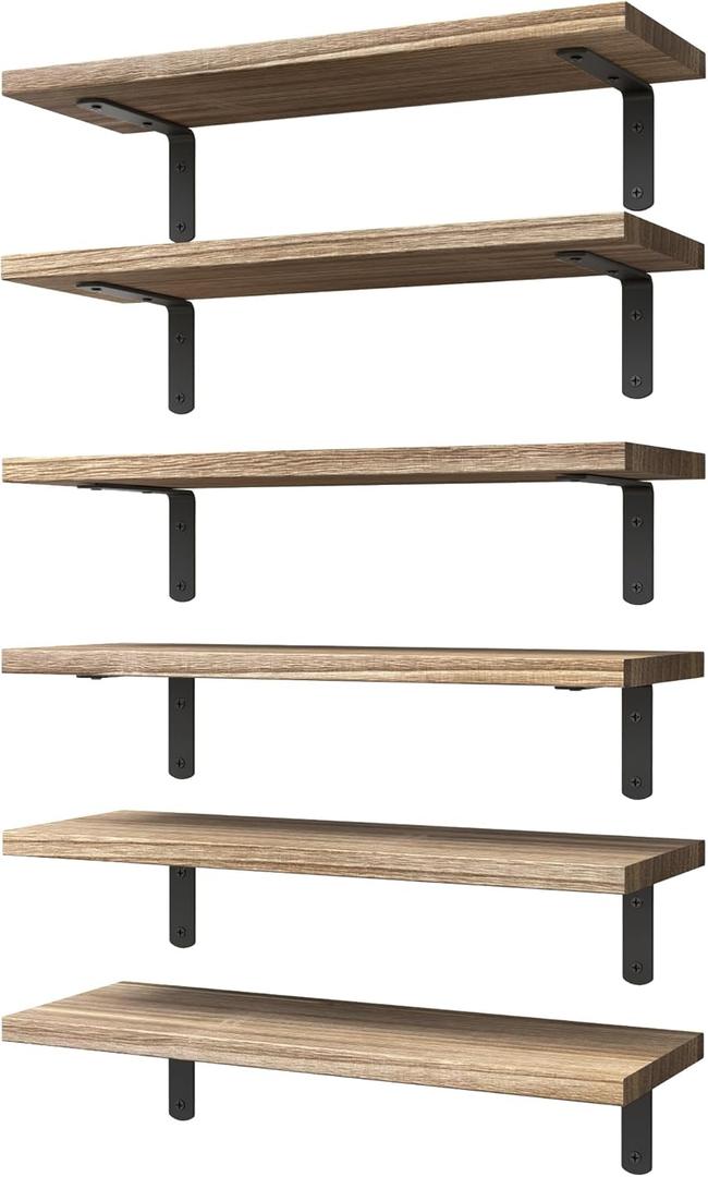 WOPITUES Wood Floating Shelves Set of 6, Shelves for Wall Decor, Farmhouse Shelf for Bedroom, Bathroom Storage Shelves, Book Shelves for Living Room - Rustic Brown (16.5 Inch)