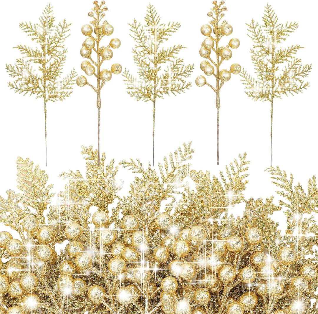 Cindeer 40 Pieces Christmas Tree Decorations Include 20 Glitter Berries Stems and 20 Xmas Tree Pick Leaves Fake Christmas Picks Artificial Pine Needles Glitter Sticks for DIY Wreath (Gold)