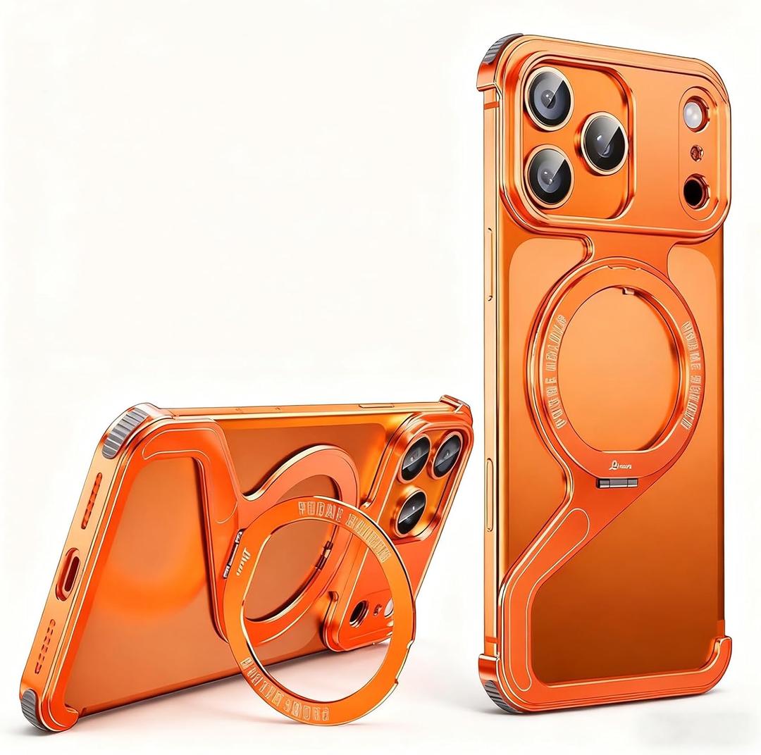 for iPhone 17/16/15/14/13promax Mobile Phone Case Creative Skeleton Z-Shaped Anti-Fall Heat Dissipation Metal Frameless Magnetic Bracket (Orange,iPhone17Promax)