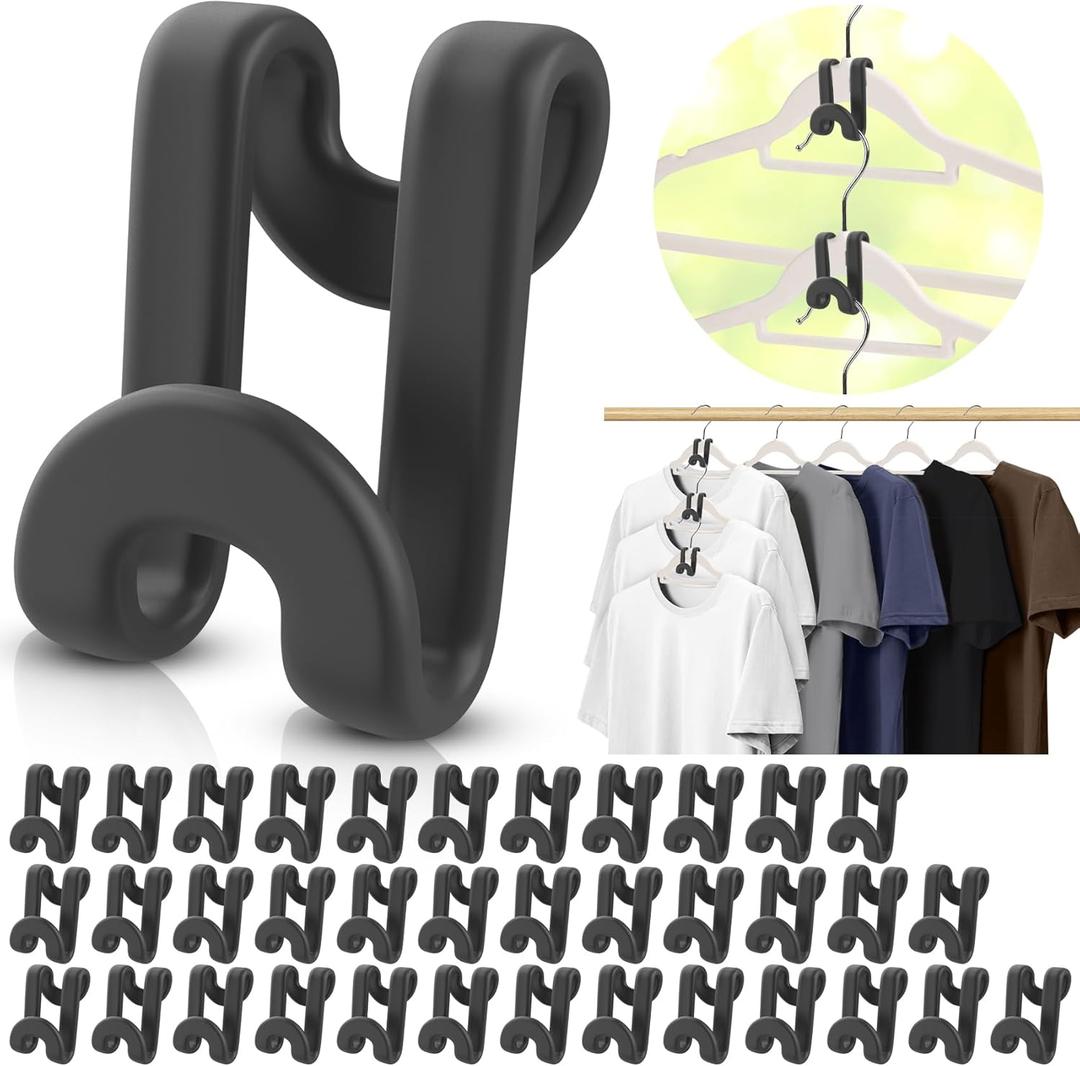 100Pcs Space Saving Hanger Hooks, Plastic Clothes Hanger Connector Hooks, Heavy Duty Space Saver Hanger Extender Clips for Closet Organizers, Black
