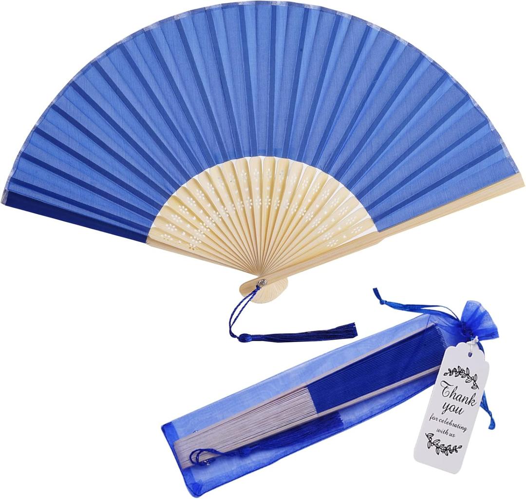 50 sets Imitated Silk Hand Fan with Tassel and Organza Bags and Thank you tags Fabric Handheld Folding Fans Bamboo Frame Bridal Dancing Props Wedding Party Favors (Royal Blue)