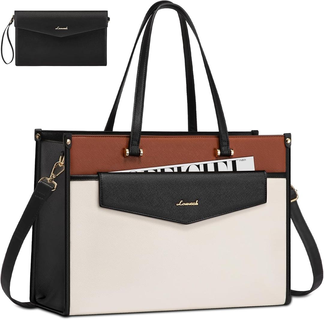 LOVEVOOK Laptop Bag for Women, 15.6'' Laptop Tote Purse 2-in-1 Professional Work Bag Business Briefcase with Clutch Purse, Waterproof Leather Computer Handbag for Teacher Office Travel (Black White Brown)
