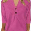 Womens Tops 3/4 Sleeve V Neck Button Down Shirts Business Casual Outfit Basic Tees Summer Top 2025 (Large, Rose)