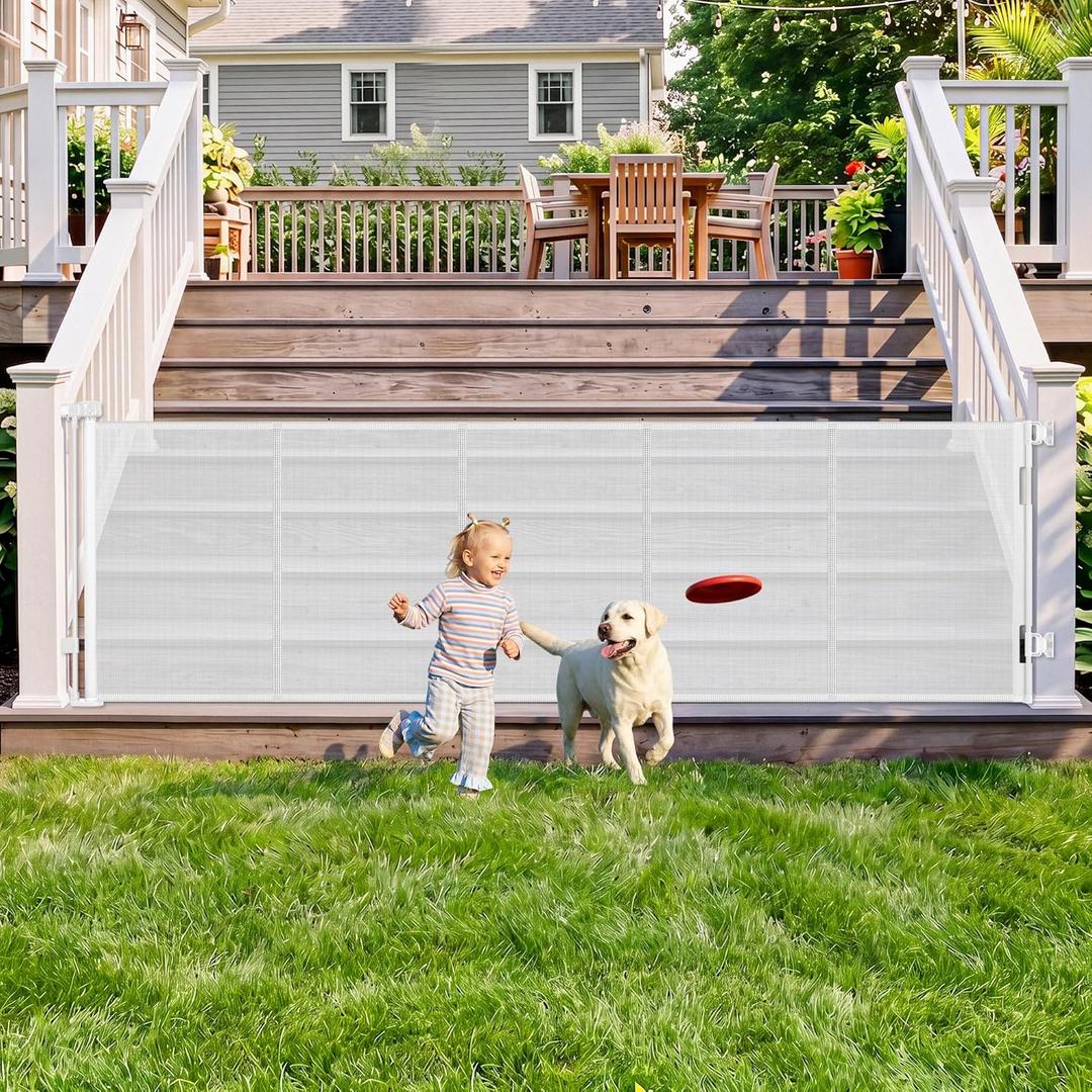 108" Wide Weatherproof Outdoor Retractable Baby Gates Extra Wide with Rust-Proof Stainless Steel Hardware& Waterproof Mesh, Reinforced 9 Ft Extra Long Retractable Dog Gate to Prevent Crawling Through