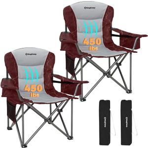 KingCamp Oversized Camping Folding Chair, Heavy Duty 450 LBS with Lumbar Support, Padded seat with Cup Holder&Cooler Bag, Ideal for Camp, Fishing, Sports Event, Backyard, Patio, Lawn (Grey/Red-2 Pack)