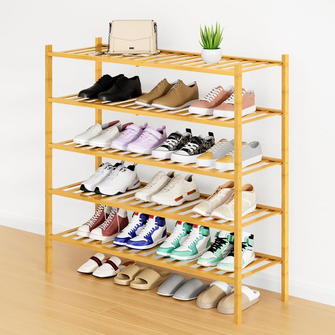 Smiry Shoe Rack, 5 Tier Long Bamboo Shoe Organizer, Stackable Free Standing Wooden Shoe Storage Shelf for Closet, Entryway, Front Door Entrance, Natural