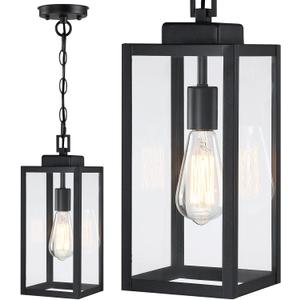 15'' Outdoor Pendant Light, Modern Outside Chandelier Outdoor Hanging Lantern Light, Matte Black with Clear Glass, Exterior Pendant Lighting Fixture Ceiling Mount for Porch, Entryway, Gazebo, 1Pack