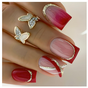 Square Press on Nails Short Red Fake Nails French Tip False Nails Glossy Glitter Line Acrylic Nails Ombre Artificial Nails Glue on Nails for Women Girls Manicure Decoration 24Pcs