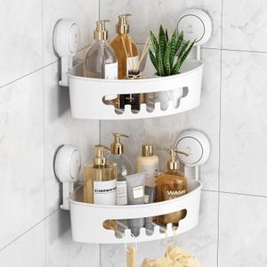 LEVERLOC Corner Shower Caddy Suction Cup, shower shelves suction cup, 2 Pack Basket Powerful Bathroom, Waterproof & Oil-proof Organizer for Kitchen, No-Drilling Removable