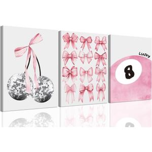 Trendy Pink Bows Wall Art Set of 3 Coquette Preppy Cherry Wall Decor Light Pink Cute Girly Lucky 8 Ball Canvas Poster Prints Aesthetic for College Dorm Living Room Bedroom Framed 16x24 Inch