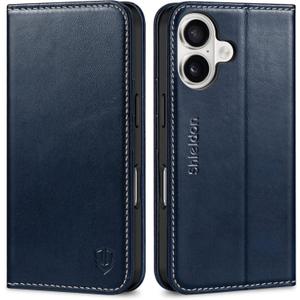 SHIELDON Wallet Case for iPhone 16 5G 2024, Genuine Leather Folio Book Magnetic Closure RFID Blocking Card Slots Kickstand Full Protection Case Compatible with iPhone 16 6.1" - Retro Dark Blue