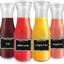 Glass Carafe with Acrylic Lid,35 Oz Beverage Dispensers Carafe,Mimosa Bar Supplies,Clear Glass Pitcher with Name Labels for Iced Tea,Coffee,Juice(Set of 4)