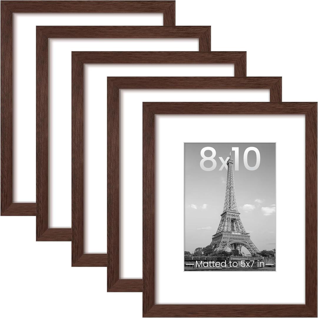 Upsimples 8x10 Picture Frame Set of 5, Display Pictures 5x7 with Mat or 8 x 10 Without, Wall Gallery Photo Frames, Brown