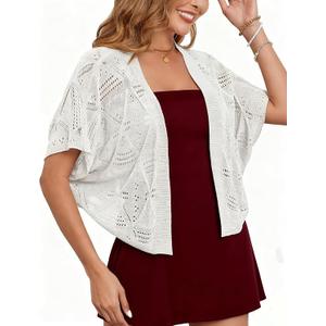 Women's Shrug Crochet Cropped Cardigan Lightweight Hollow-Out Batwing Sleeve Open Front Bolero Sweaters, White Large