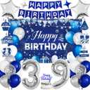 39th Birthday Decorations for Men & Women, Navy Blue and Silver Happy 39th Birthday Party Decorations with Number Balloons, Hanging Swirls, Cake Topper for 39 Years Old Party Supplies