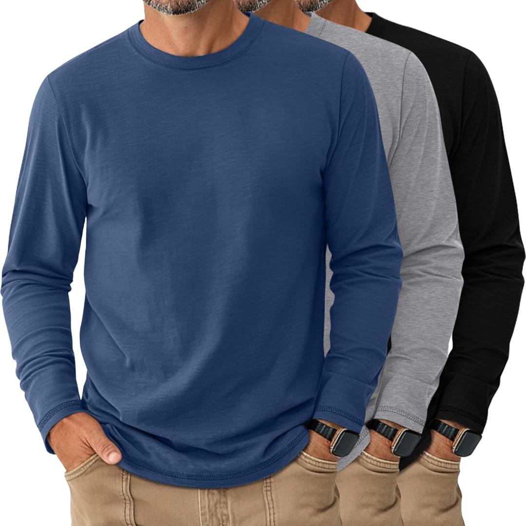 3 Pack Men's Big and Tall T-Shirts, Crew Neck Cotton Shirts Long Sleeve Casual Tees Slit Hem Fall Basic Tops (4X-Large, Black, Light Gray, Haze Blue)
