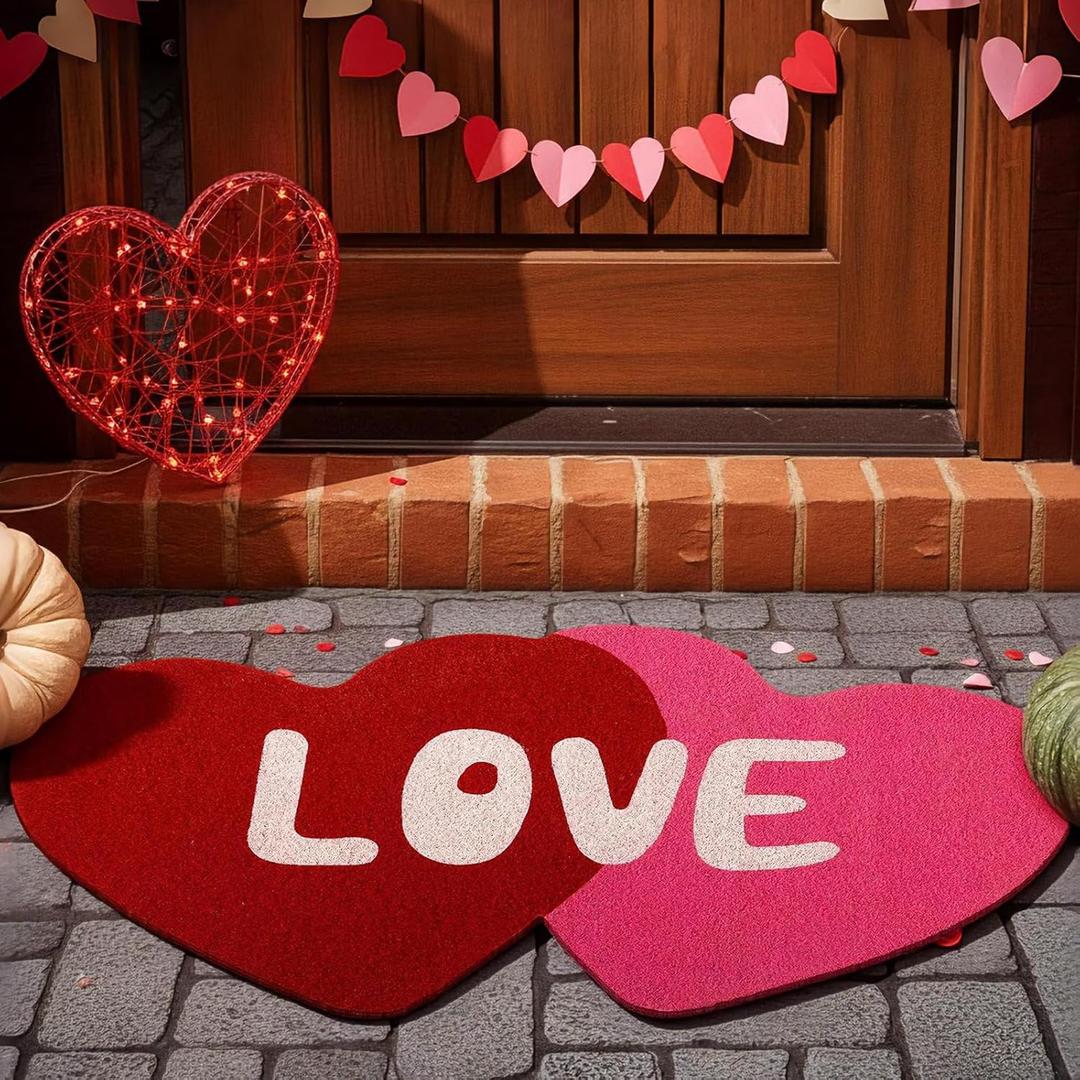 Breling Valentine's Day Natural Coir Doormat Double Heart Shaped Welcome Mat Pink Red Love Welcome Floor Mat 30 x 16.9 Inch Non-Slip Entrance Door Rugs for Outdoor Indoor Home Bathroom Decor