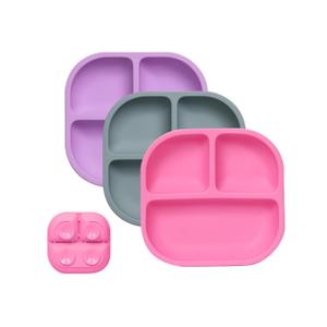BABELIO Powerful Suction Plates for Baby and Toddler, 100% Food Grand Silicone, Divided, BPA Free, Microwave & Dishwasher Safe, Stay Put, 3 Pack (2-Rose Pink/Violet/Gray Blue)