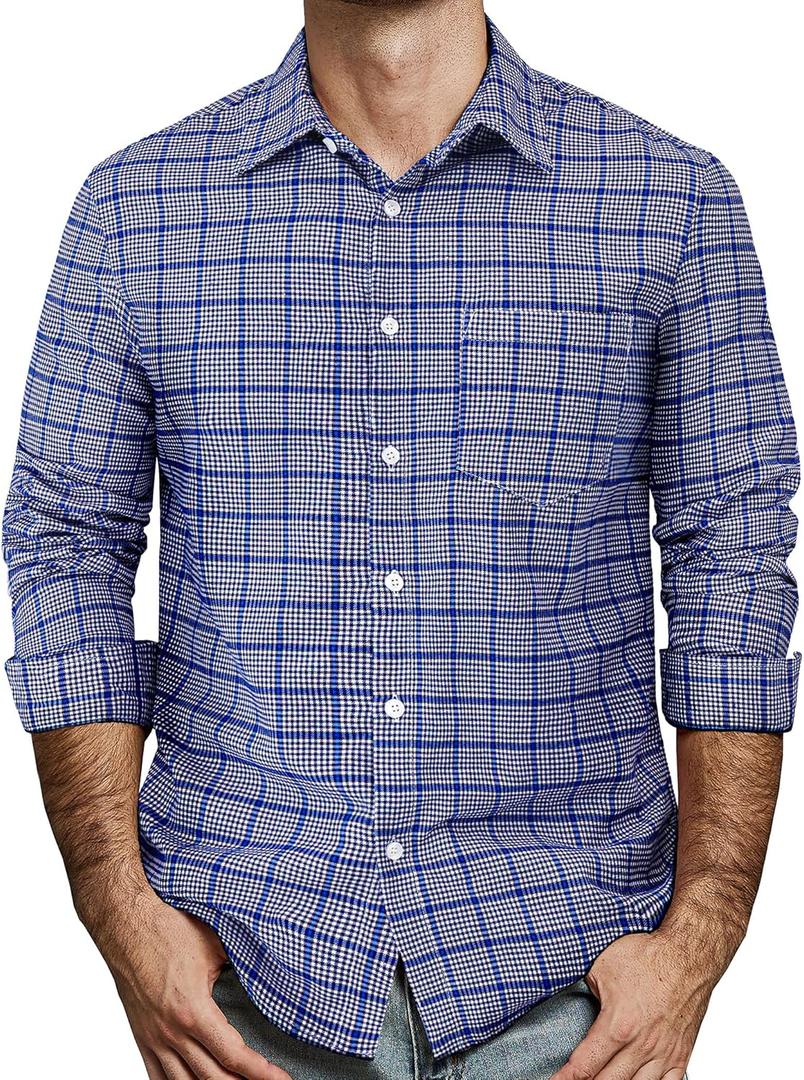Mens Gingham Button Down Shirt Long Sleeve Dress Shirts Business Casual Shirts with Pockets (Large, Bluewhite)