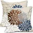 Brown Dark Blue Pillow Covers 18x18 Dahlia Flower White Gray Elegant Colored Throw Pillows Farmhouse Outdoor Decor for Home Living Room Sofa Bed Modern Floral Linen Square Cushion Case, Set of 2