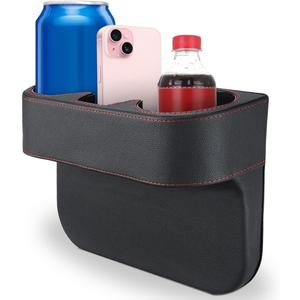 Car Cup Holder, Auto Front Seat Organizer, Multifunctional Cup Drink Holders with PU Leather Cover, Gap Filler Storage Box Coin Bucket Console Side Pocket Cell Mobile Phone Holder (Black)