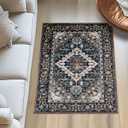 Lessymo 4 x 6 Area Rugs for Living Room- Machine Washable Area Rugs Boho Faux Wool Low Pile Area Rug for Bedroom Floral Medallion Vintage Rugs with Non-Slip Rubber, Black Brown