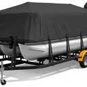 Pontoon Boat Cover 22-24 ft, 1200D Heavy Duty Waterproof Pontoon Cover with 16 Windproof Straps, Elastic Hem & Motor Cover, Fits 22 ft 23 ft 24 ft Pontoon Boats Up to 8.5 ft Beam, Black