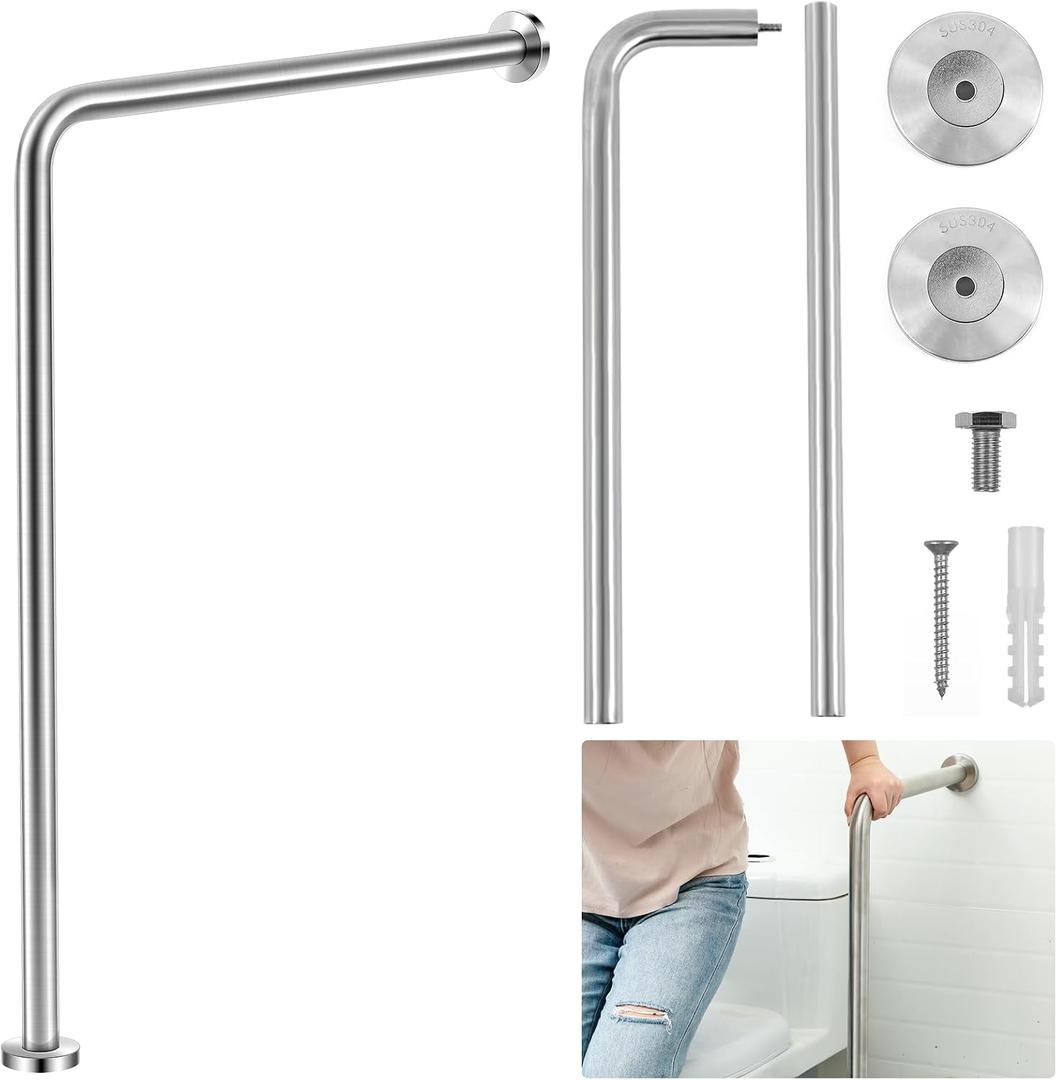 Zonon 1 Pack Wall to Floor Safety Grab Bar Stainless Steel Shower Grab Bars for Bathroom Wet Areas Disabled Elderly Pregnant Women (L Style)
