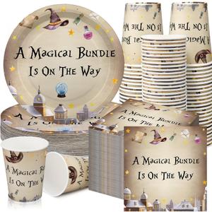 Hushee 200 Pcs Magical Wizard Baby Shower Paper Plates Napkins Cups Baby Shower Party Supplies Tableware Set Magical Wizard Theme Disposable Cup Napkin for 50 Guest Sets Party Decoration Boy Girl