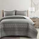 Lush Decor Hygge Geo Pattern Striped 3 Piece Quilt Bedding Set, King, Charcoal