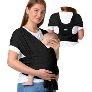 Momcozy Baby Wrap Carrier Skin-Friendly Fabric, Easy to Wear Baby Carrier Sling T-Shirt Design, Hands Free Baby Carriers Newborn to Toddler 8-35lbs, Adjustable Buckle Suit for Waist Waist 47-57, Black (Plus)