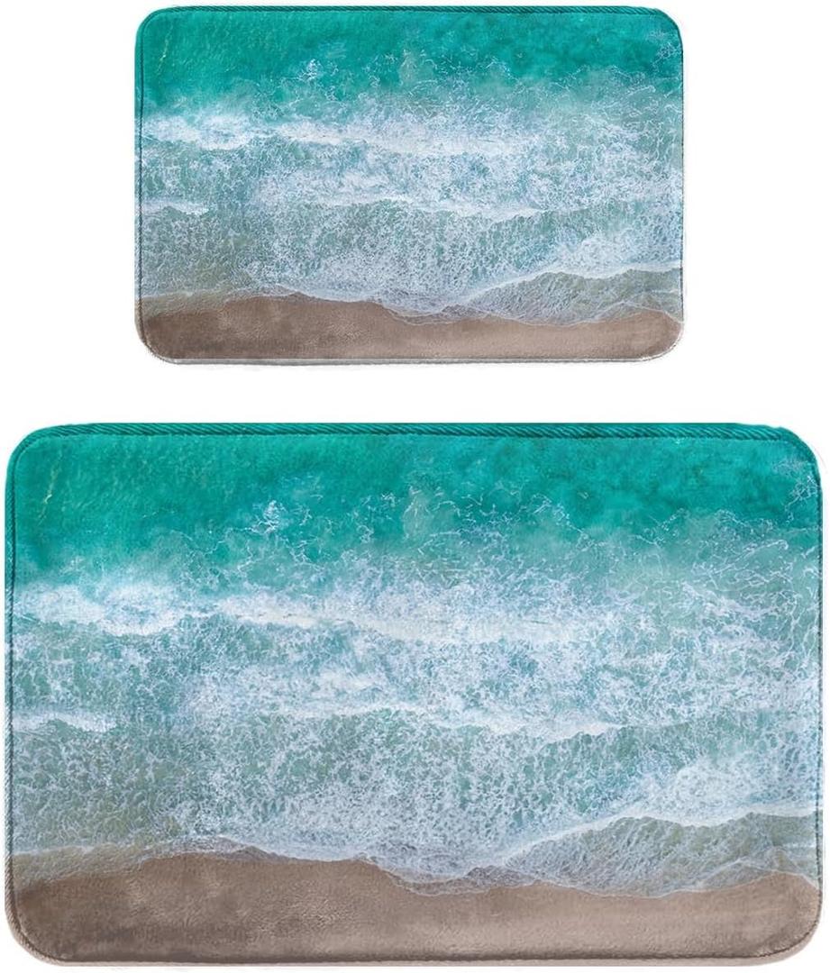 Britimes Bathroom Rug Mat Set of 2 Mats Rugs No Slip Blue Sea Blue Beach Bath Mat Bathroom Decorations Carpets 16x24 and 20x32 inches for Kitchen Bedroom Indoor