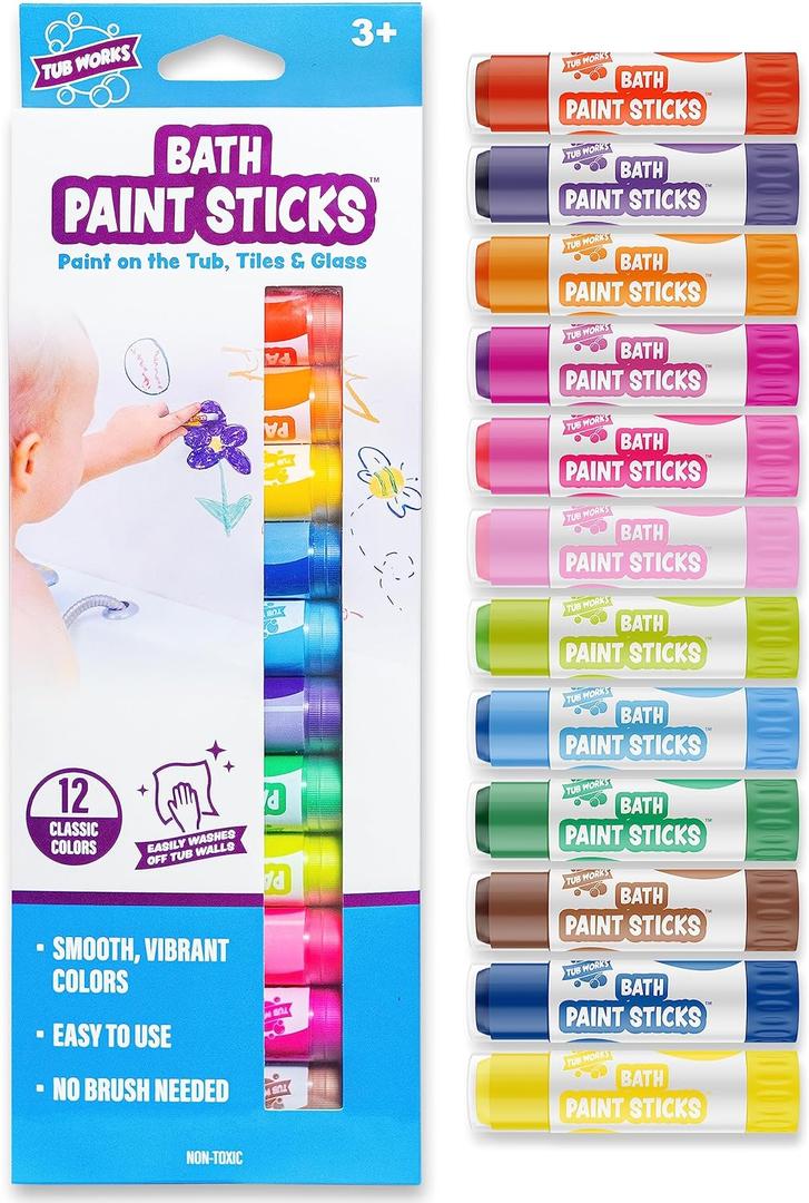 Tub Works Bath Paint Sticks Bath Toy, 12 Count | Nontoxic, Washable Bathtub Paint for Kids & Toddlers | Twistable Sticks Draw Smoothly on Tub Walls | Smooth, Vibrant Alternative to Bath Crayons