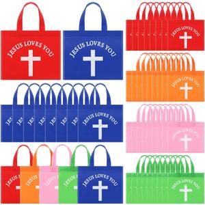 Sweetude 50 Pcs Jesus Loves You Non Woven Bags Bulk Christian Religious Gift Bag Reusable Goodie Treat Bags with Handles for Kids Church Christian Religion Gift
