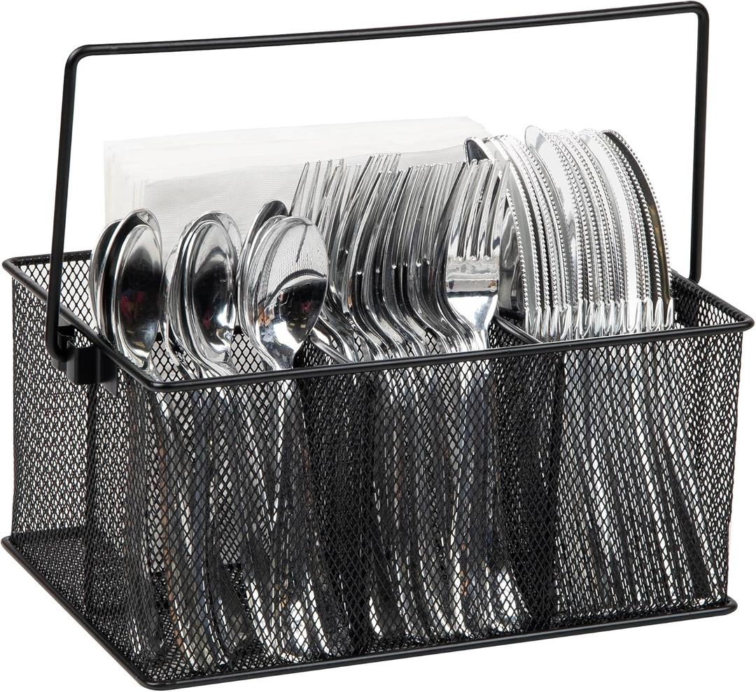 Mind Reader Multi-purpose Storage Caddy with Handle, Desktop Organizer, Cutlery Holder, 4 Compartments, Metal Mesh, Black