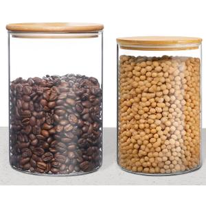 Small Size 33+17 oz Glass Food Storage Jars with Airtight Lids, Clear Glass Jar with Bamboo Lid, Airtight Food Canister for Tea, Candy, Coffee, Sugar, Cookie, Snack (Round | 5+6 Inch)