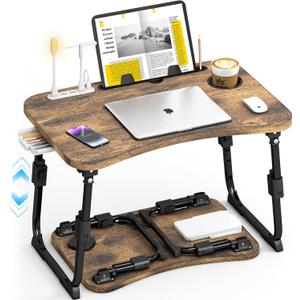 Lap Desk for Bed Adjustable Height, Foldable Bed Table with Storage Drawer, Tablet Slot & Cup Holder, Portable Laptop Stand for Bed & Sofa, Bed Desk for Adults & Kids, Carbonized