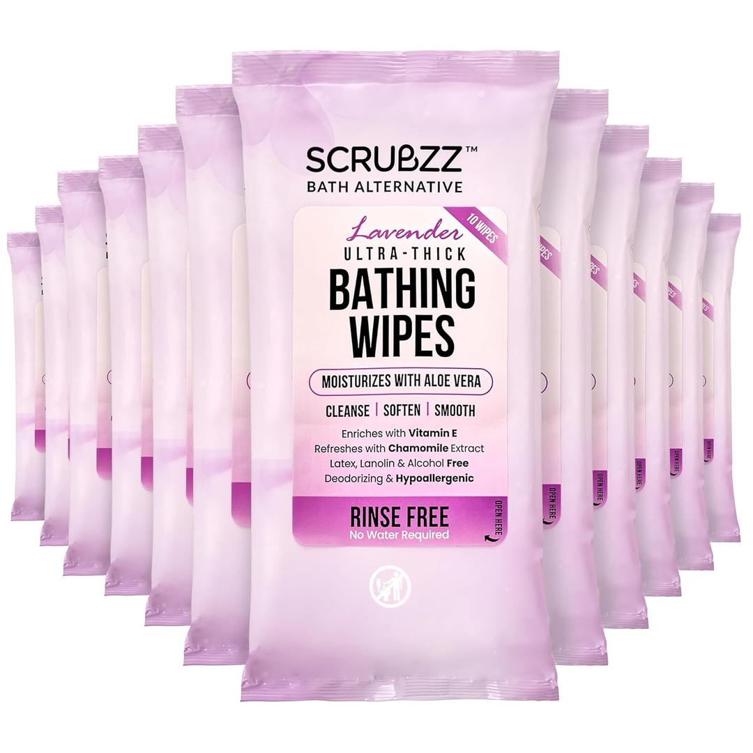 Extra Large Bath Wipes for Adults Bathing No Rinse - 120 Disposable Body Cleansing Wipes for Men, Women & Elderly - Great for Gym, Camping, Post Surgery - Lavender (10 Count (Pack of 12))