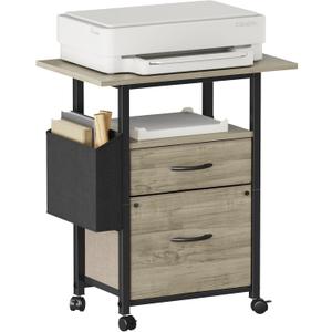 GYIIYUO 2 Drawer File Cabinet with 24'' Extended Desktop, Mobile Filing Cabinet, Rolling File Cabinet with Side Bag, Fabric Drawer, Fits A4 Size, Home Office, Oak Grey