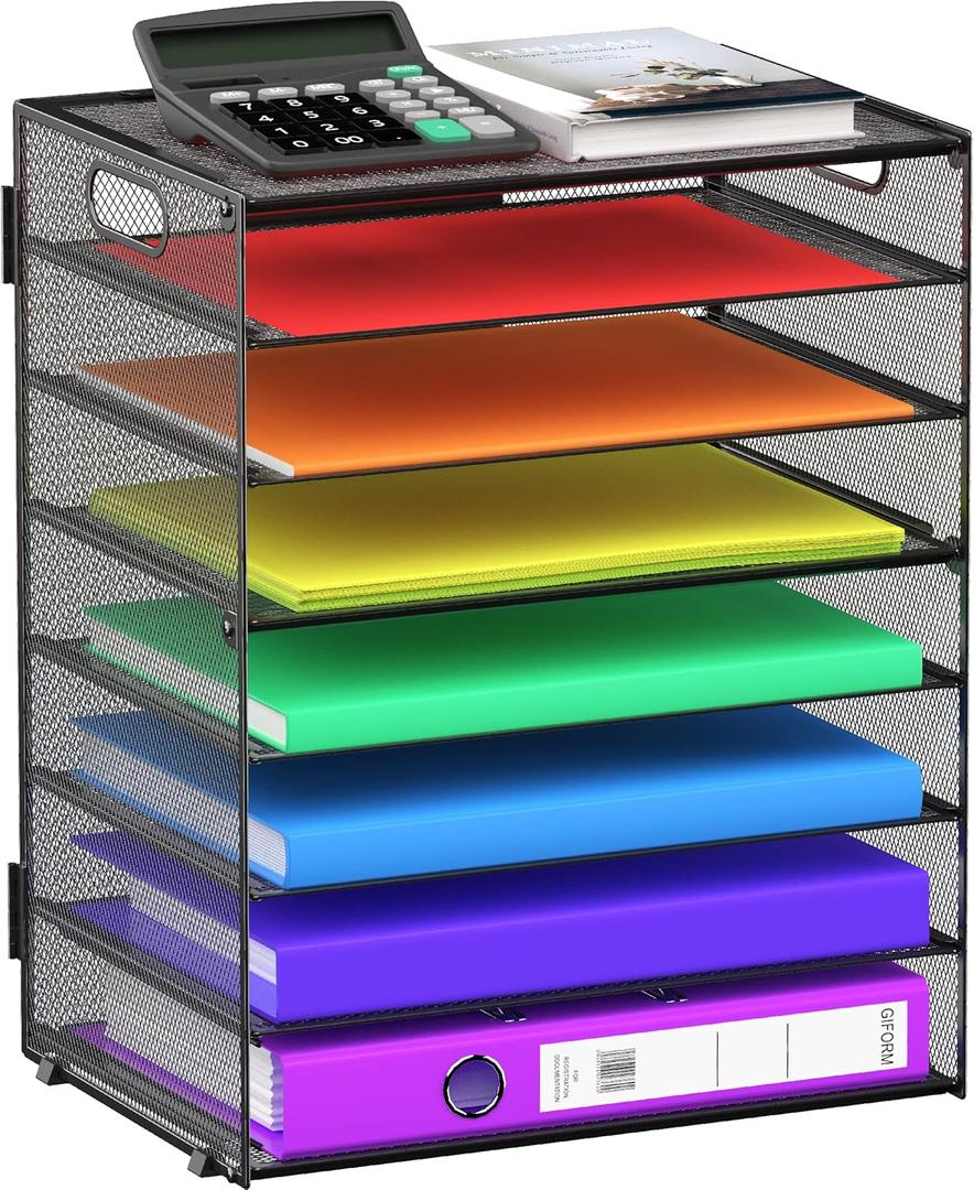 8 Tier Paper Letter Tray Organizer with Handles, Mesh Desk File Holder Storage Organization for Office School Desktop (Black)