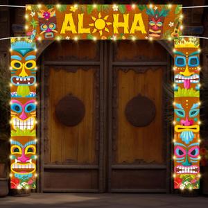 Skylety 3 Pcs LED Hawaiian Aloha Banner Party Decorations with 6 Light Strings, Aloha Banner Welcome Door Porch Signs for Tiki Bar Tropical Carnival Party Jungle Backdrop Wall Hanging Supplies