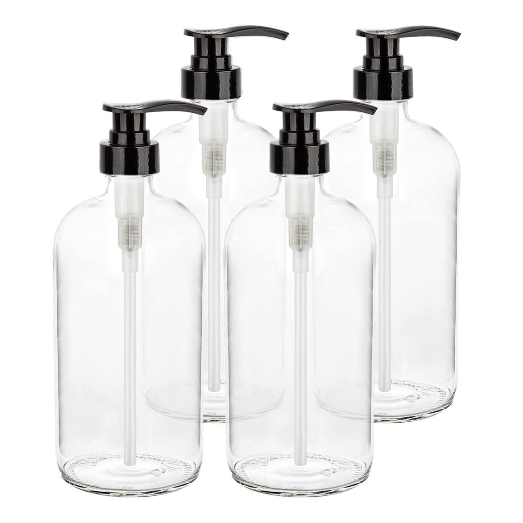 Glass Shampoo and Conditioner Dispenser - Large Glass Pump Bottle Dispenser - 32 Ounce (1 Liter) - Pack of 4, Clear