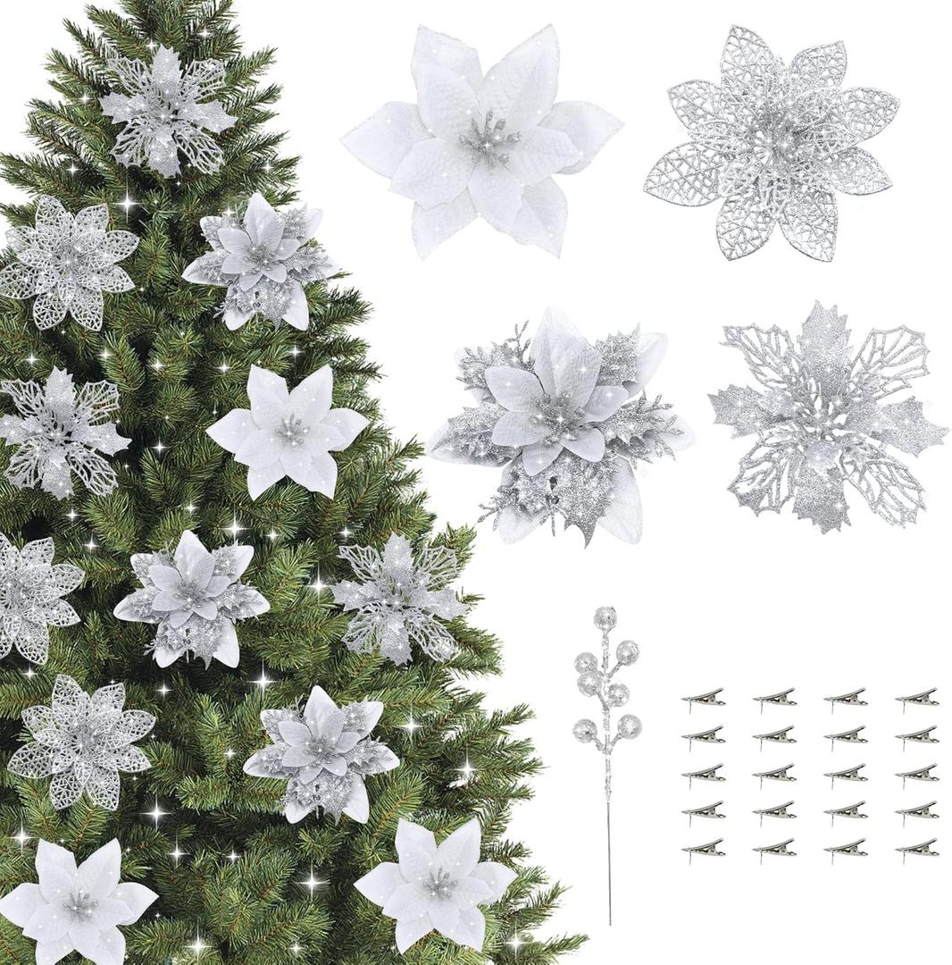 ZIJIN 36 Pcs Poinsettia Flowers Artificial with Clips and Berry Stems Christmas Flowers Glitter Ornaments for Christmas Tree Wreath Fireplace Stairs Decorations (Silver)